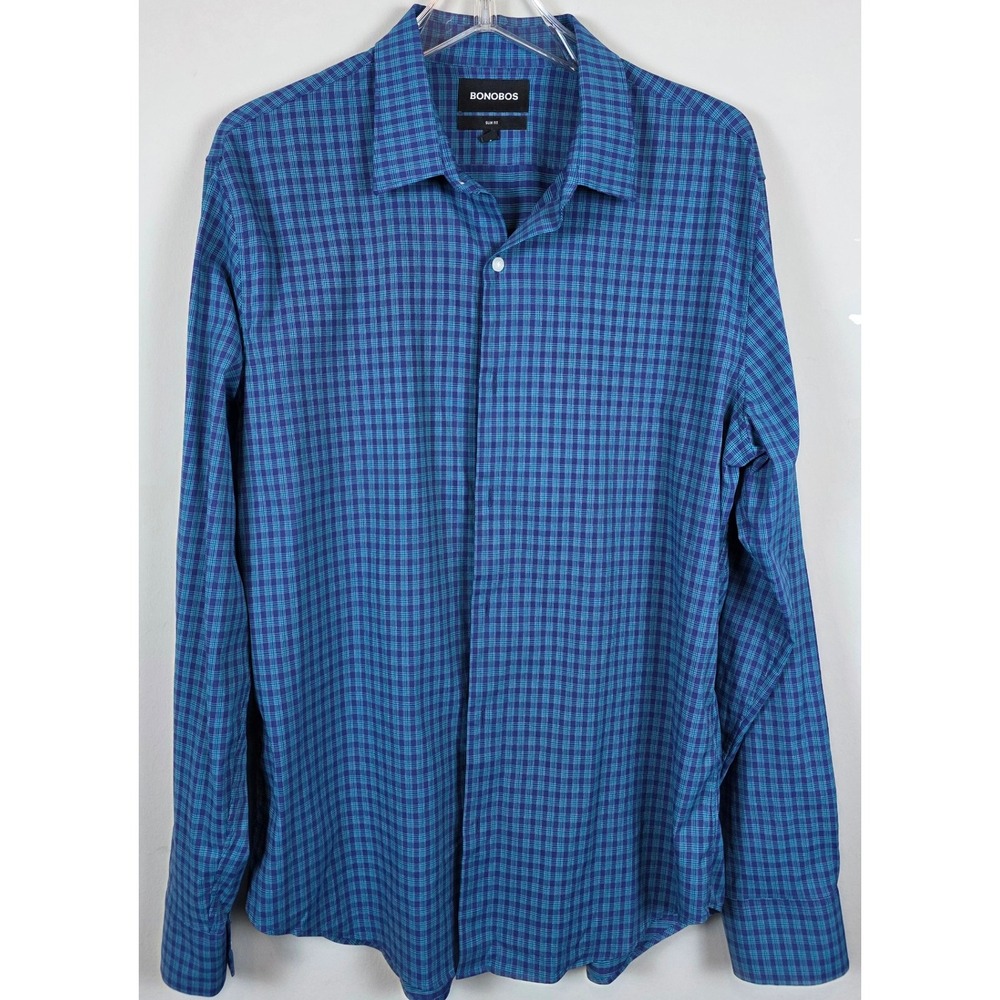 BONOBOS Slim Fit Casual Plaid Button Down Shirt Mens L Blue Long Sleeve